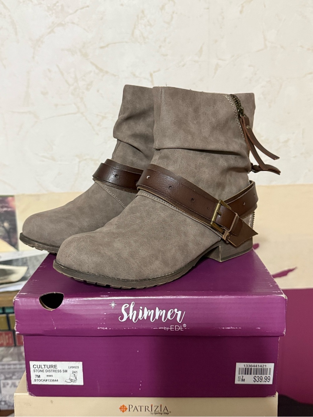 Stone Ankle Booties with Brown Strap